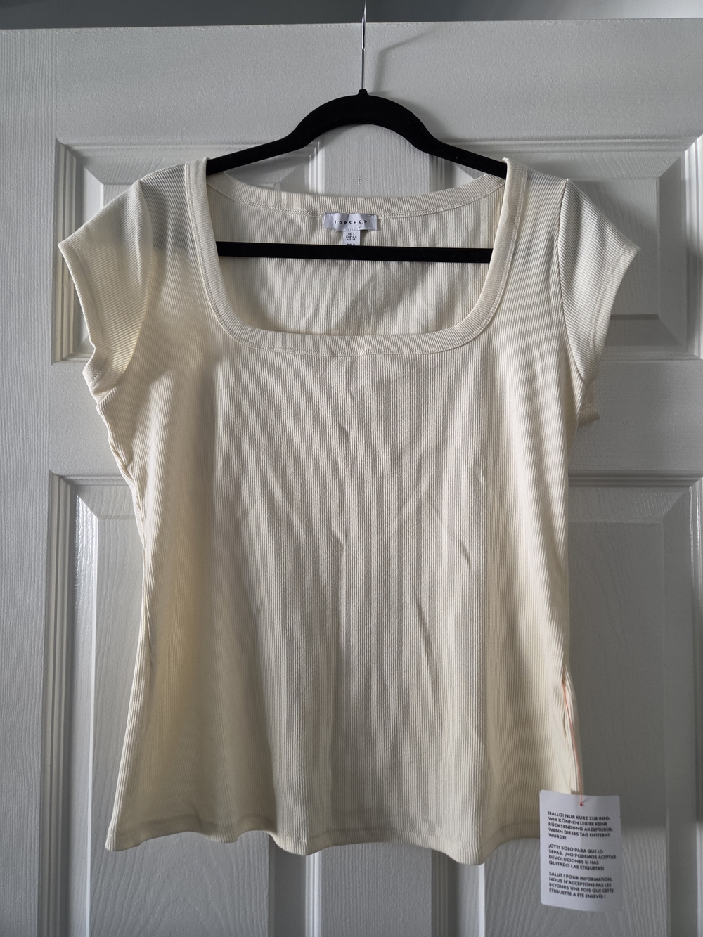 Topshop Cream Square Neck Cap-Sleeve Ribbed Tee